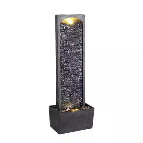 Teamson Home Gartenbrunnen mit LED-Beleuchtung | Polyresin Wasserbrunnen schwarz 98cm | Schiefersteinoptik